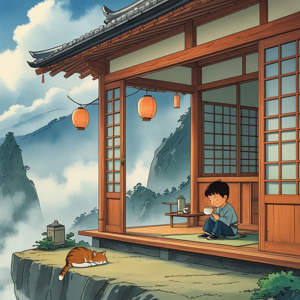 Enchanted Tea House in the Mountains Ghibli AI Image